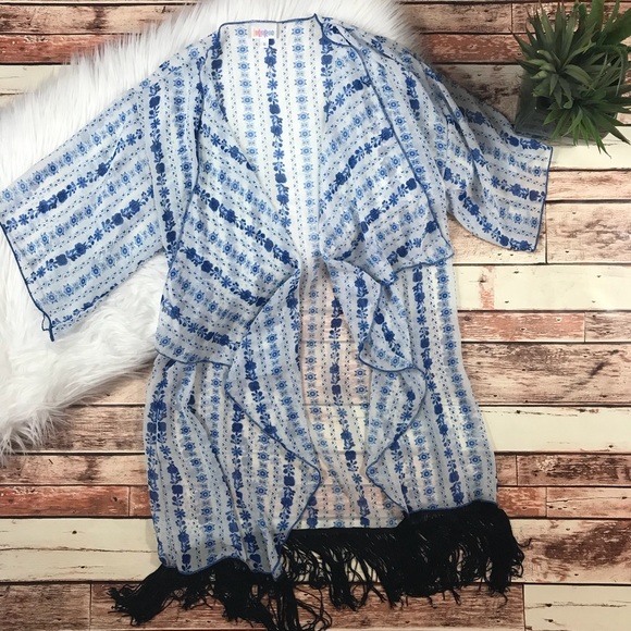LuLaRoe Sweaters - Lularoe Monroe kimono blue floral black fringe